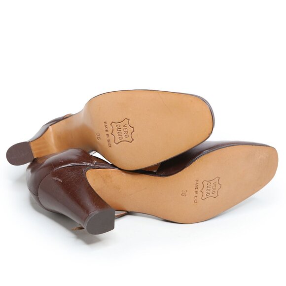 Vintage Emanuelle Brown Leather T-Strap Pumps 80s Chunky Heels Retro Granny - Picture 8 of 12